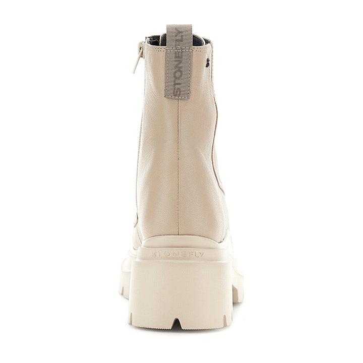 Women's beige mid-calf lace-up platform boots with round toes and chunky soles