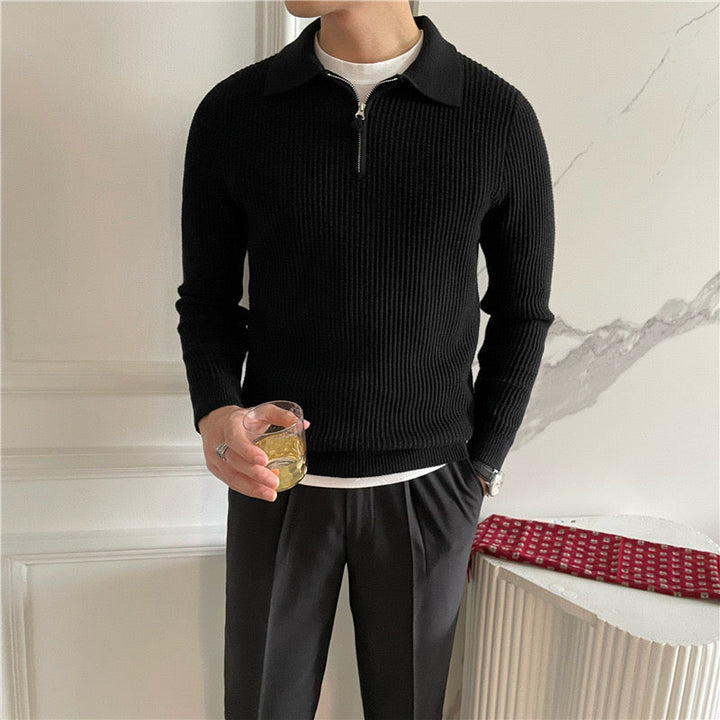 Men's ribbed quarter-zip polo sweater with long sleeves and collared neckline