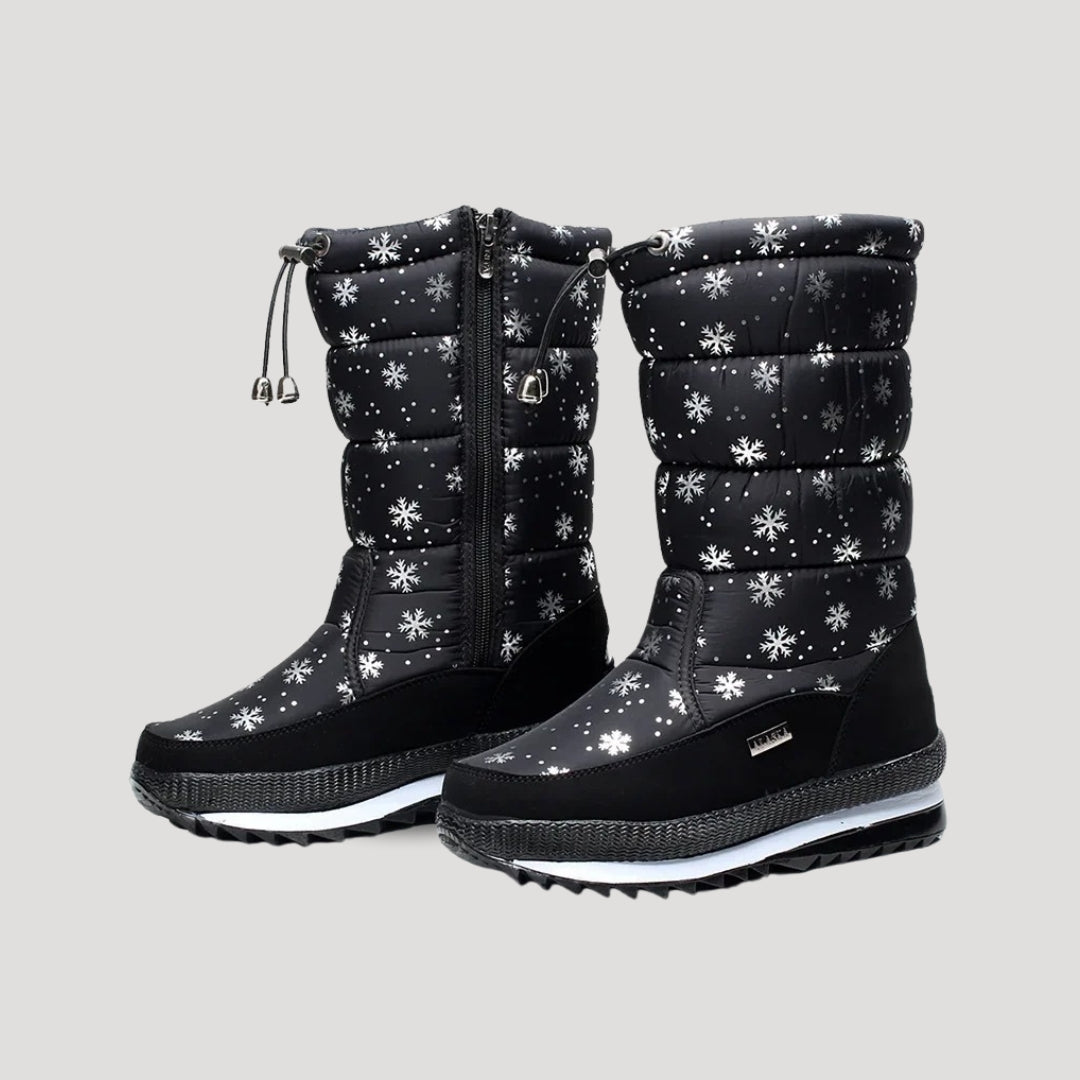 Women's black puffer winter boots with zipper and lugged soles