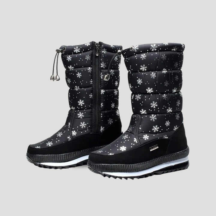 Women's black puffer winter boots with zipper and lugged soles