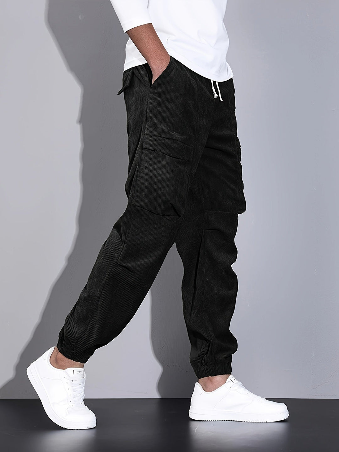 Men's corduroy cargo trousers with drawstring waist and elasticated ankle hems