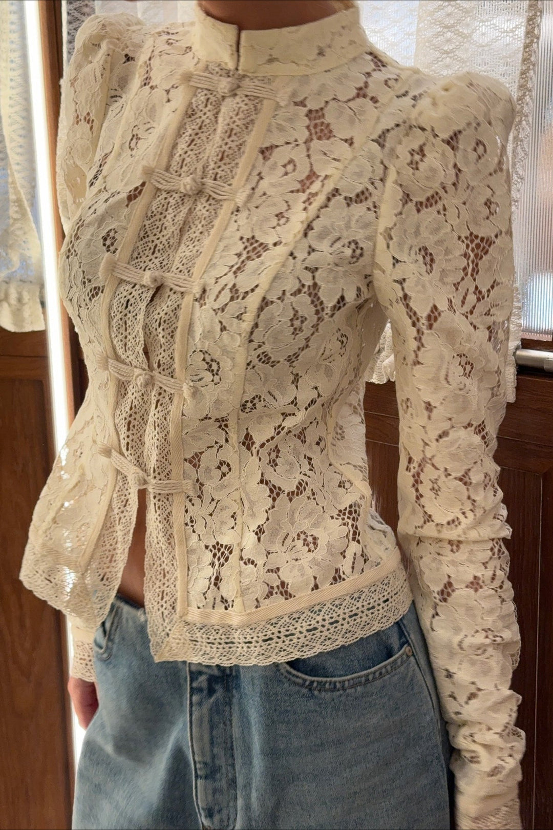 Women's white floral lace cardigan with stand collar and frog buttons