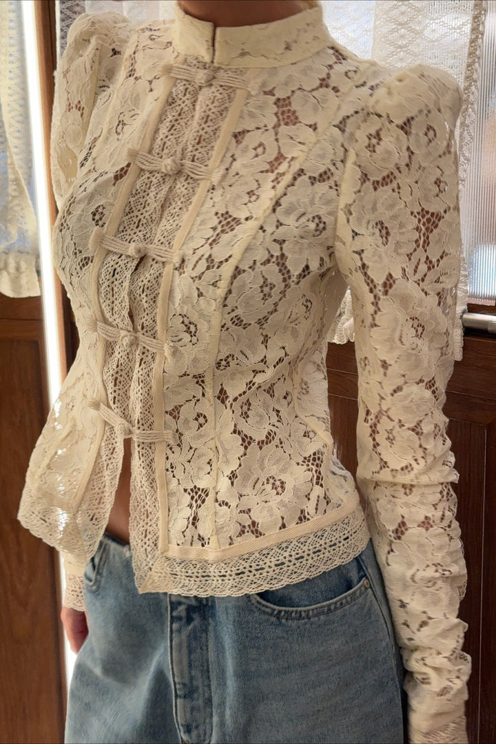 Women's white floral lace cardigan with stand collar and frog buttons