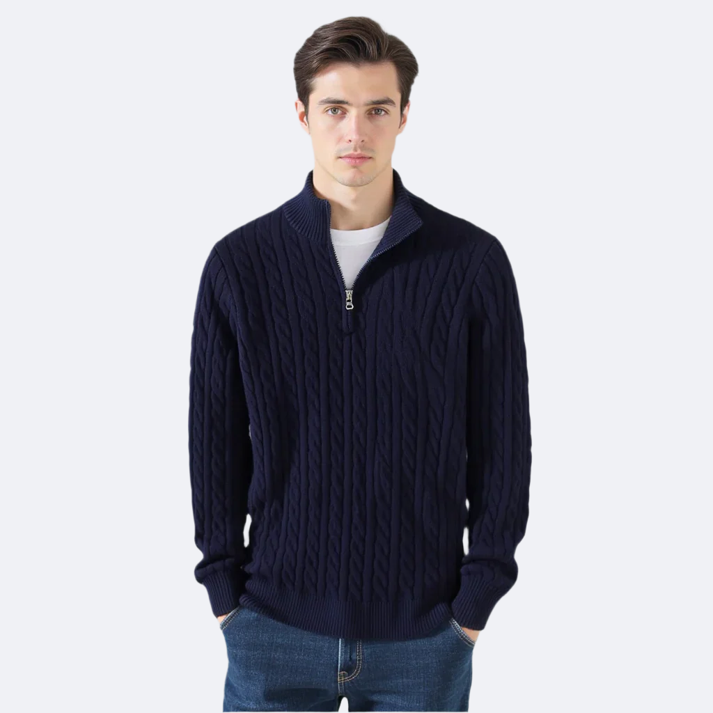 Men's cable knit quarter zip sweater with stand collar