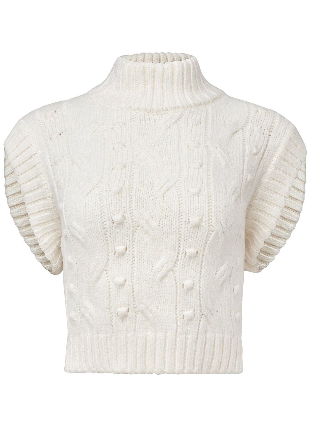 Women's cream cable knit sleeveless sweater vest with turtle neck