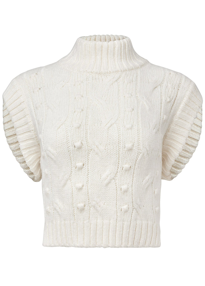 Women's cream cable knit sleeveless sweater vest with turtle neck