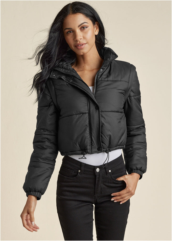 Women's black cropped quilted puffer jacket with hood and drawstring hem