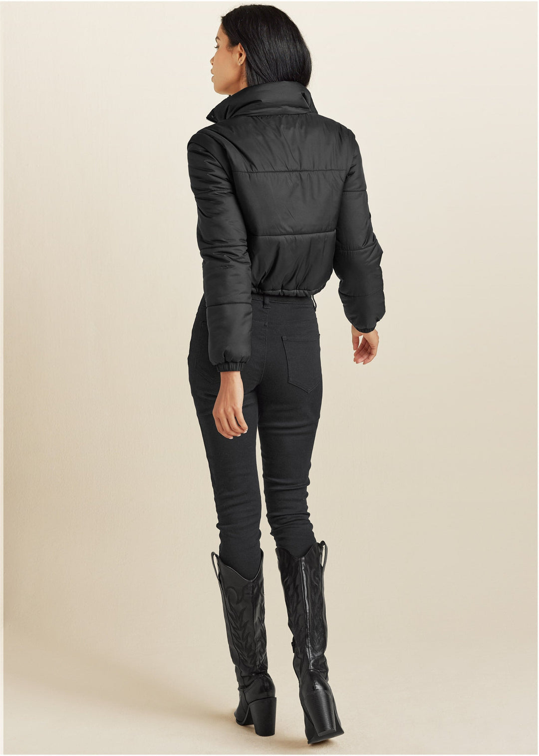 Women's black cropped quilted puffer jacket with hood and drawstring hem