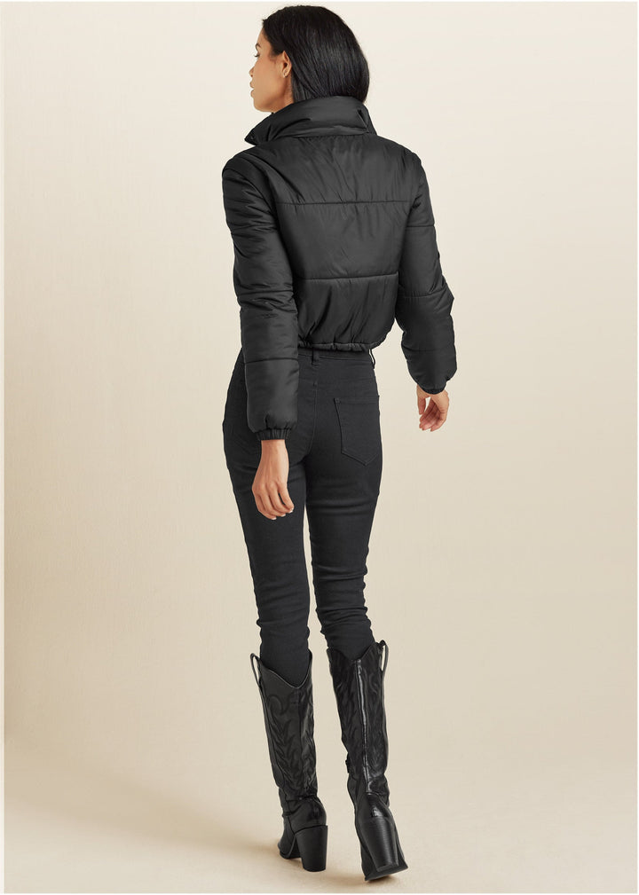 Women's black cropped quilted puffer jacket with hood and drawstring hem