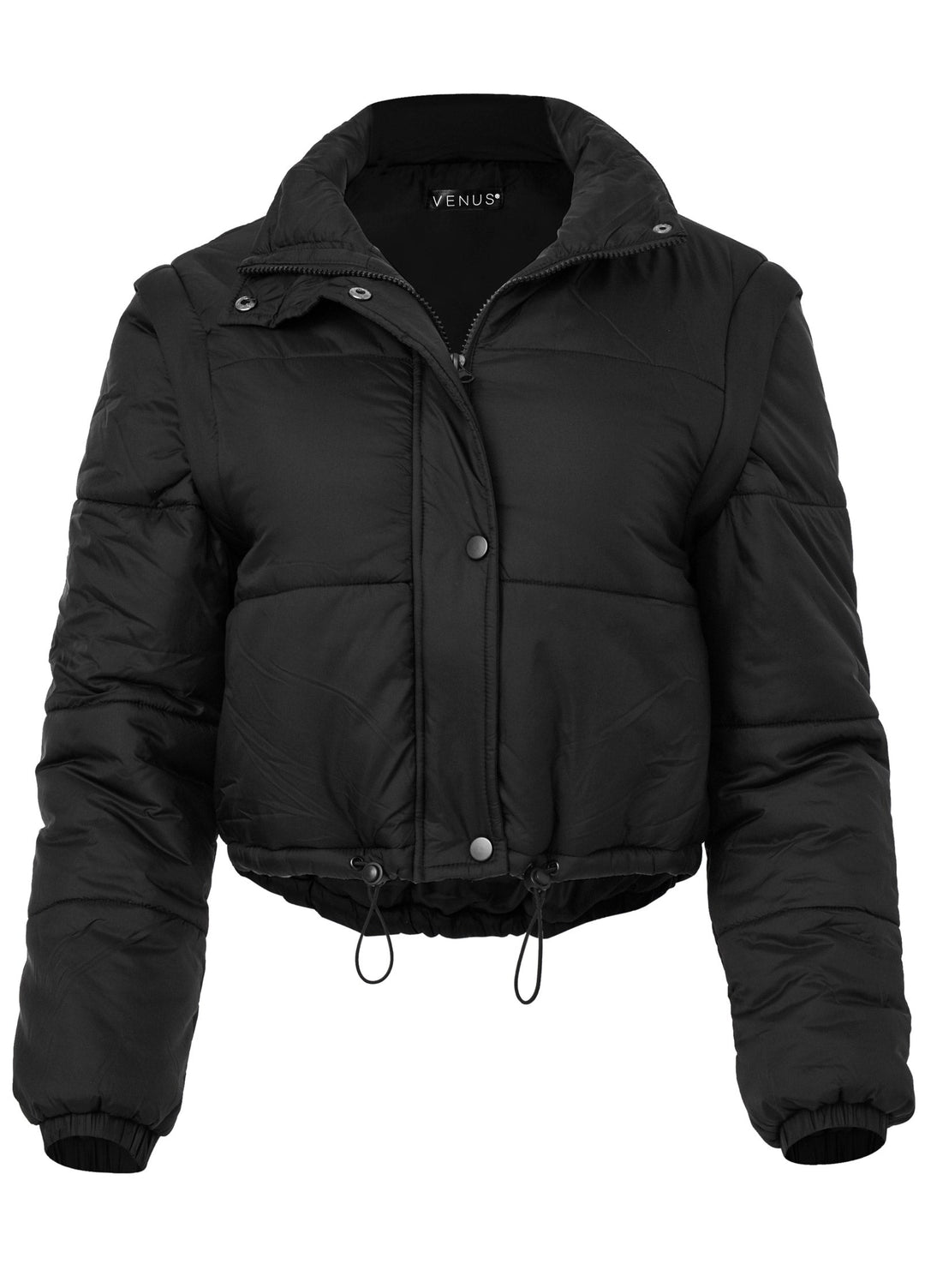 Women's black cropped quilted puffer jacket with hood and drawstring hem