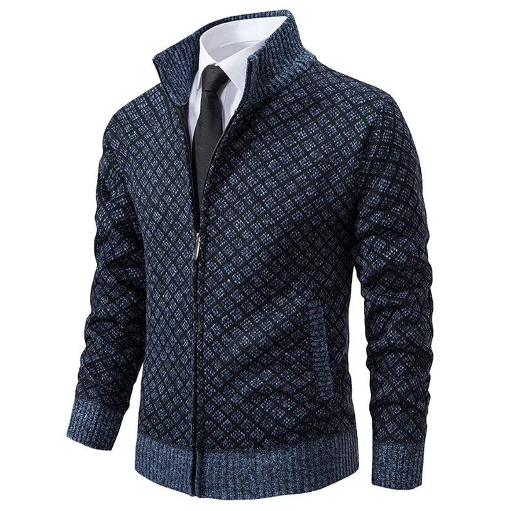 Men's textured diamond zip sweater with stand collar