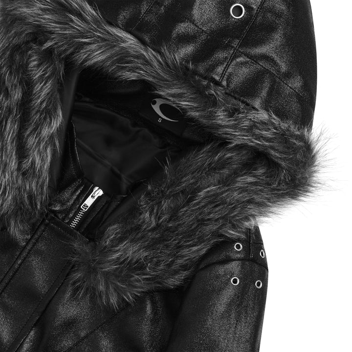 Black hooded jacket with trimmed hood, zip pockets and stud details