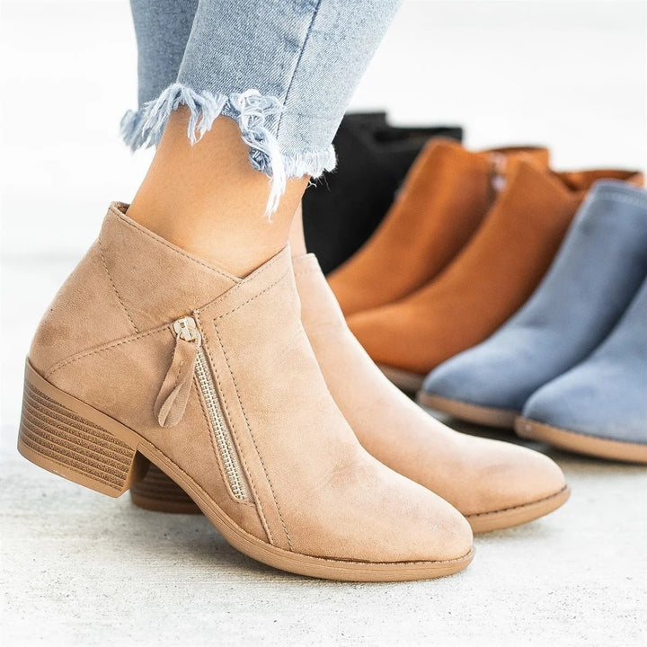 Women's ankle boots with side zipper and low block heel