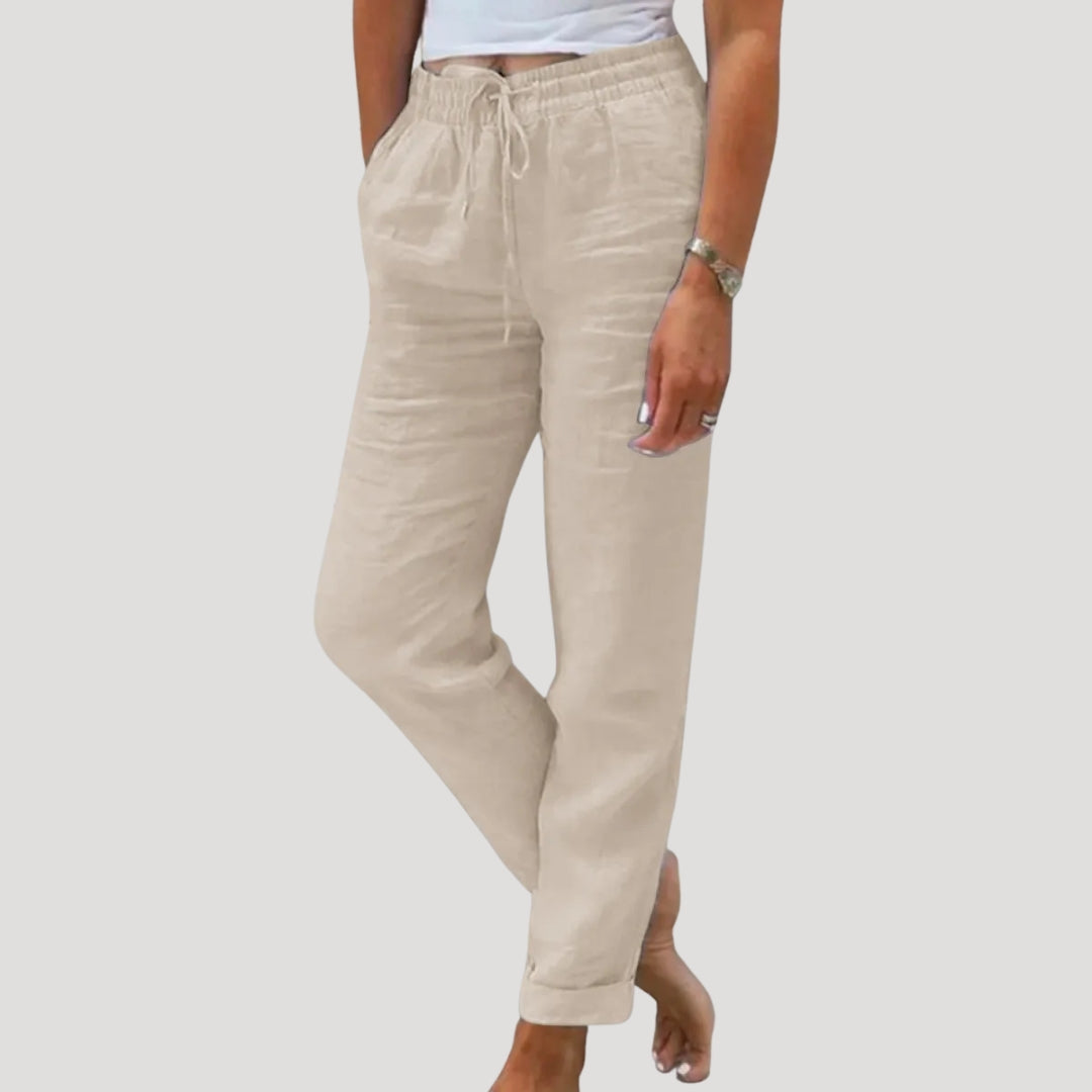 Women's straight leg trousers with elastic drawstring waist
