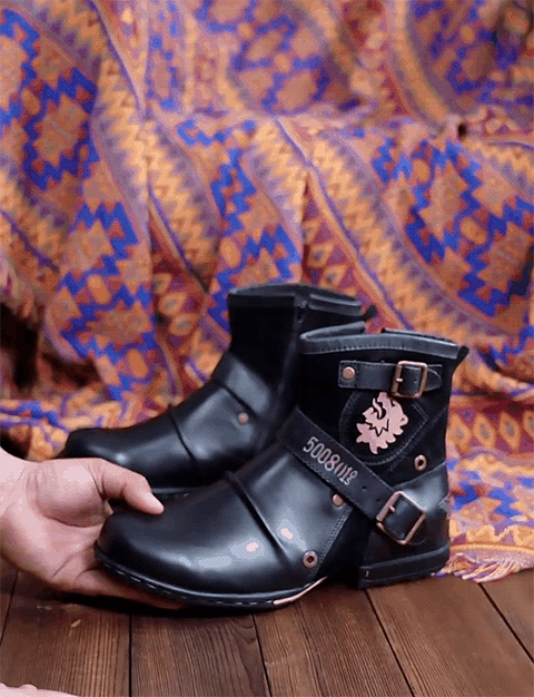 Men's ankle biker boots with buckle straps, rounded toes and decorative side panels