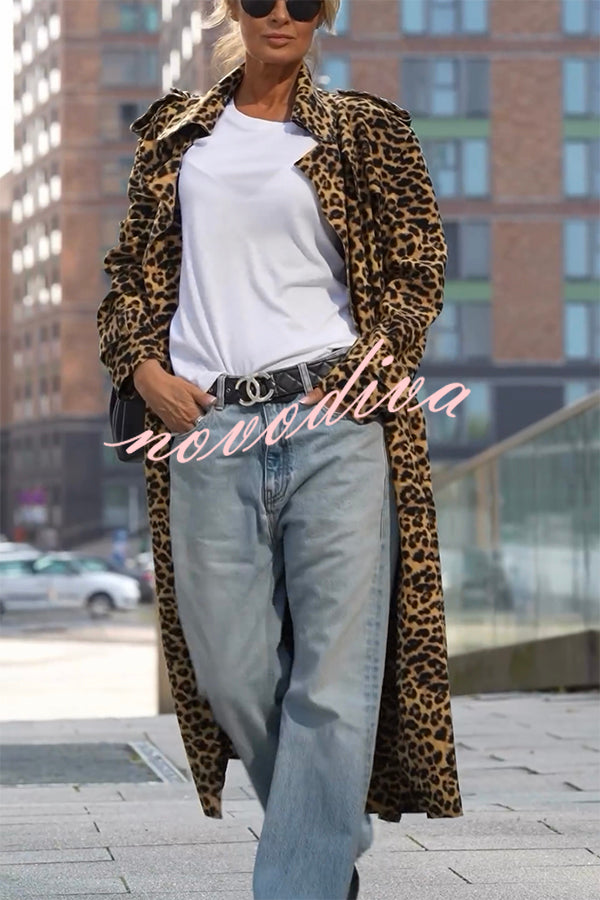 Women's long leopard print midi trench coat with long sleeves