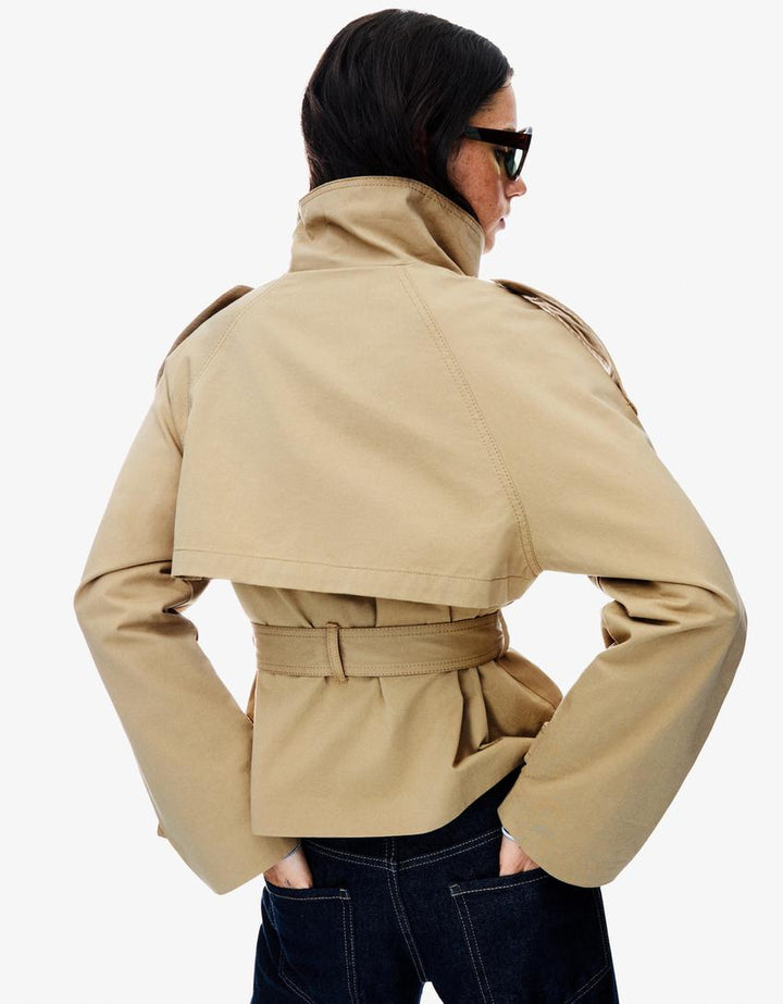 Women's short trench jacket with high collar, buttons, belt and shoulder tabs