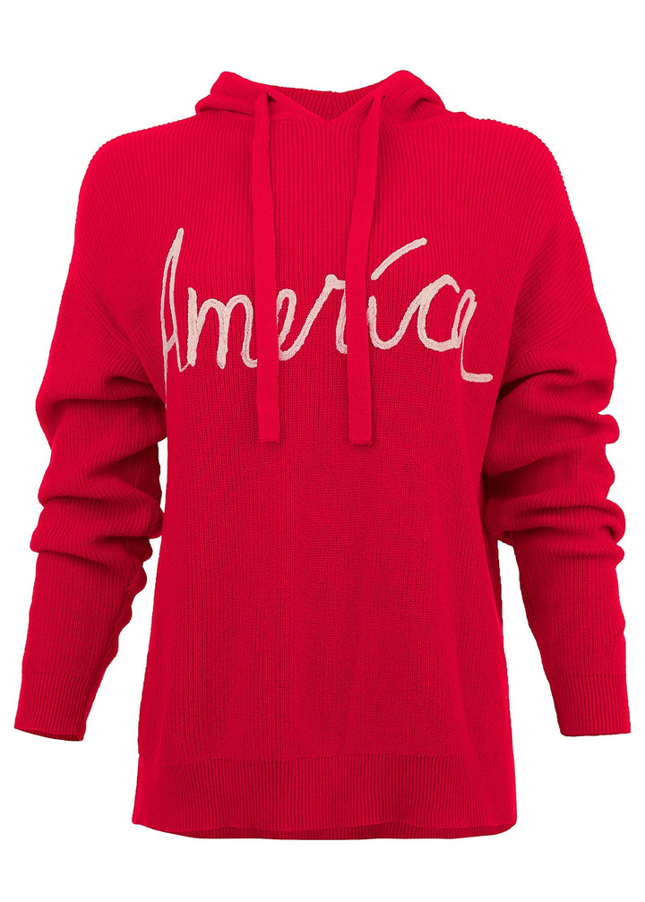 Red women's hooded pullover with America text