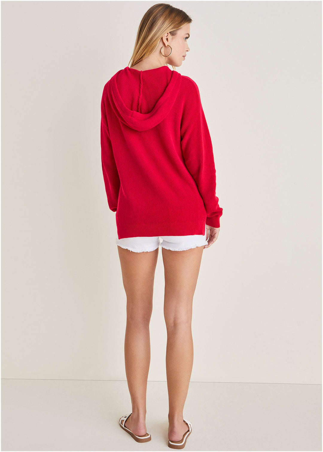 Red women's hooded pullover with America text
