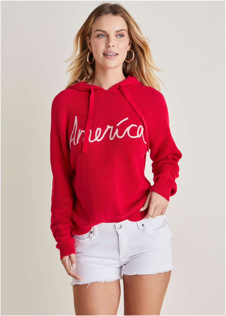 Red women's hooded pullover with America text