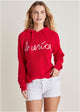 Red women's hooded pullover with America text