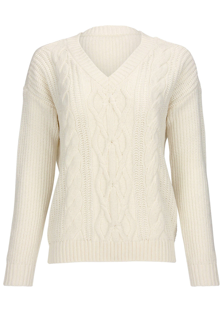 Women's cream cable knit V-neck sweater with long sleeves