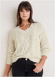 Women's cream cable knit V-neck sweater with long sleeves
