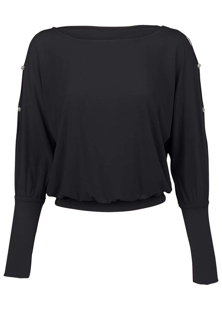 Women's black relaxed long sleeve top with round neckline