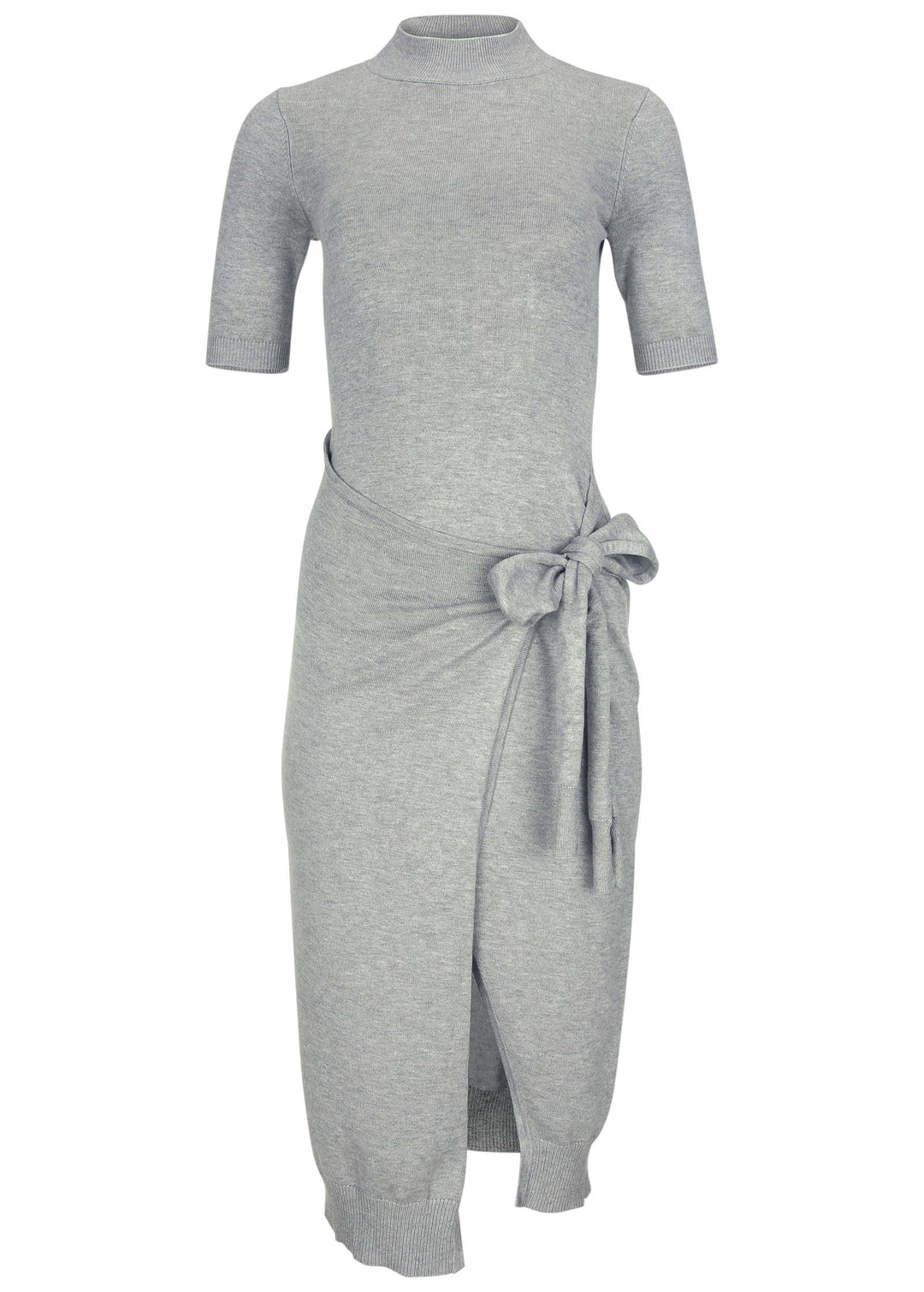 Women's gray tie-side sweater midi dress with mock neck