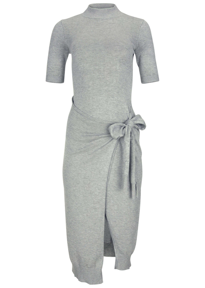 Women's gray tie-side sweater midi dress with mock neck