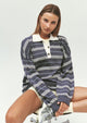 Women's striped rugby knit jumper with polo collar and long sleeves