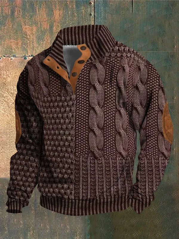 Men's textured cable knit jumper with mock neck and button detail
