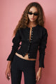 Women's black cropped knit cardigan with crew neckline, long sleeves and front buttons