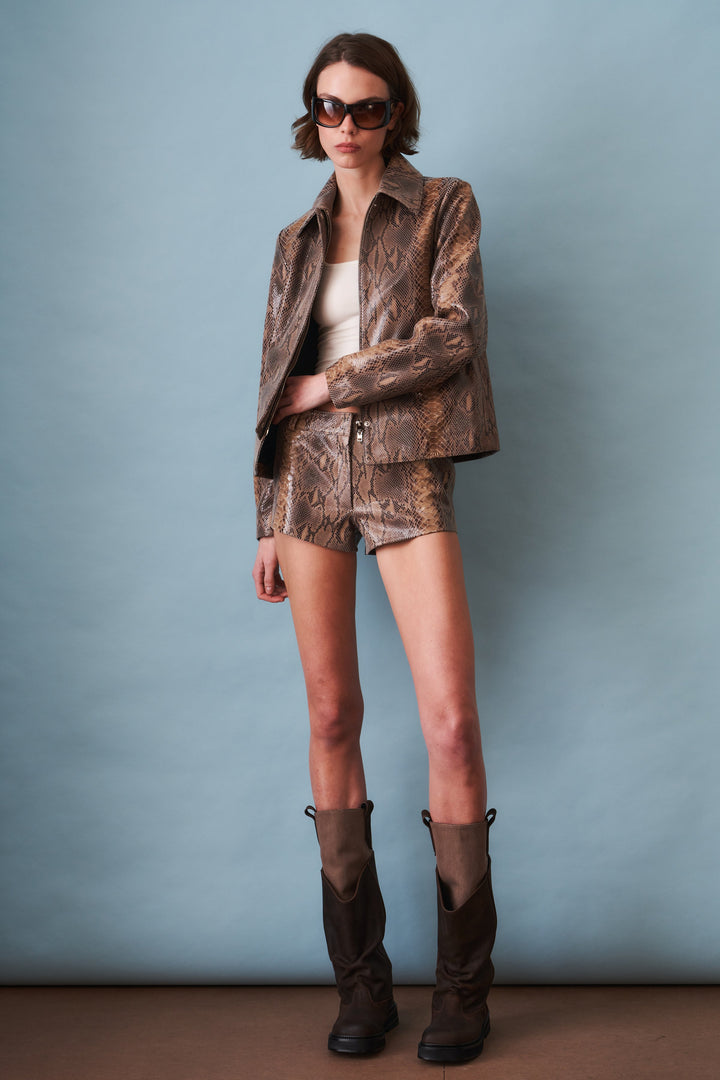 Women's brown snake print blouson jacket with pointed collar and front zip