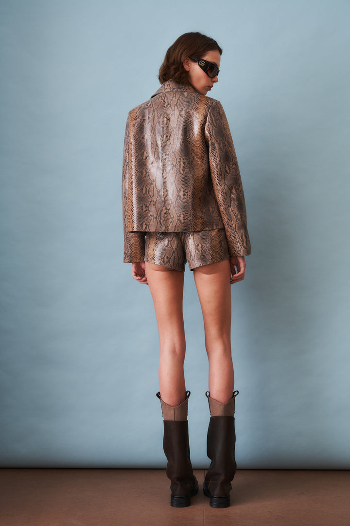 Women's brown snake print blouson jacket with pointed collar and front zip