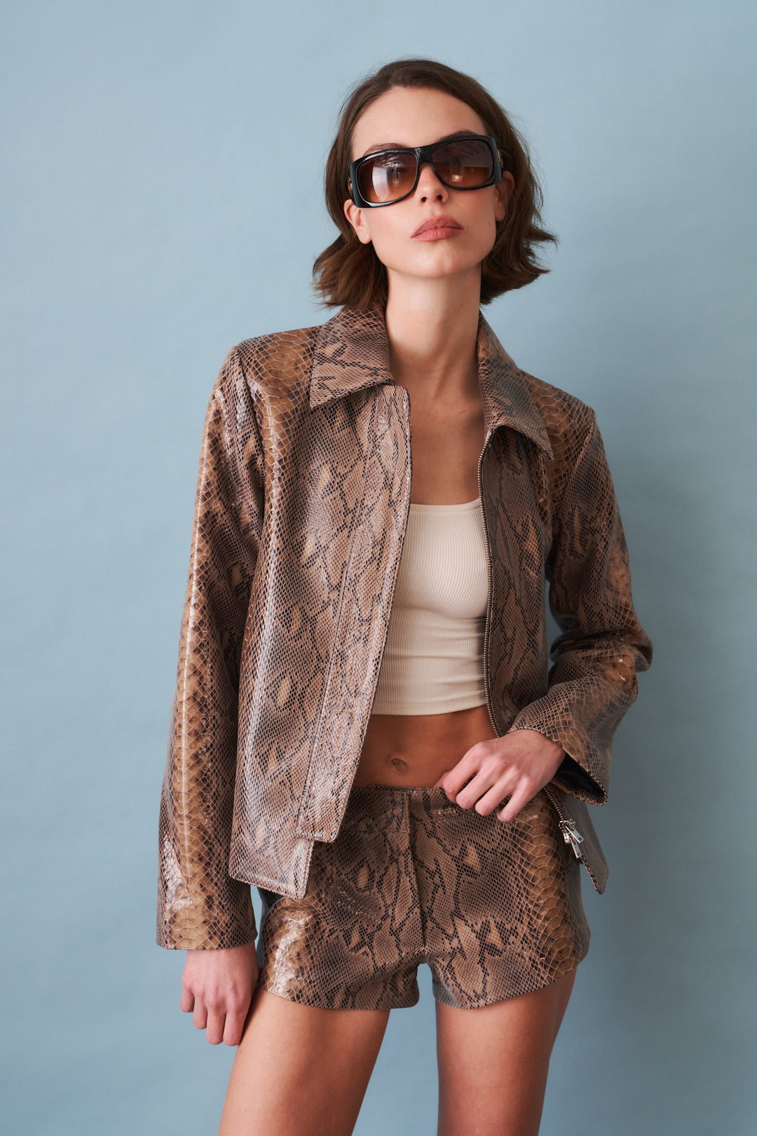 Women's brown snake print blouson jacket with pointed collar and front zip