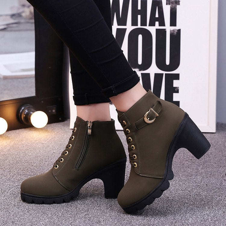 Women's lace-up heeled ankle boots with buckle straps