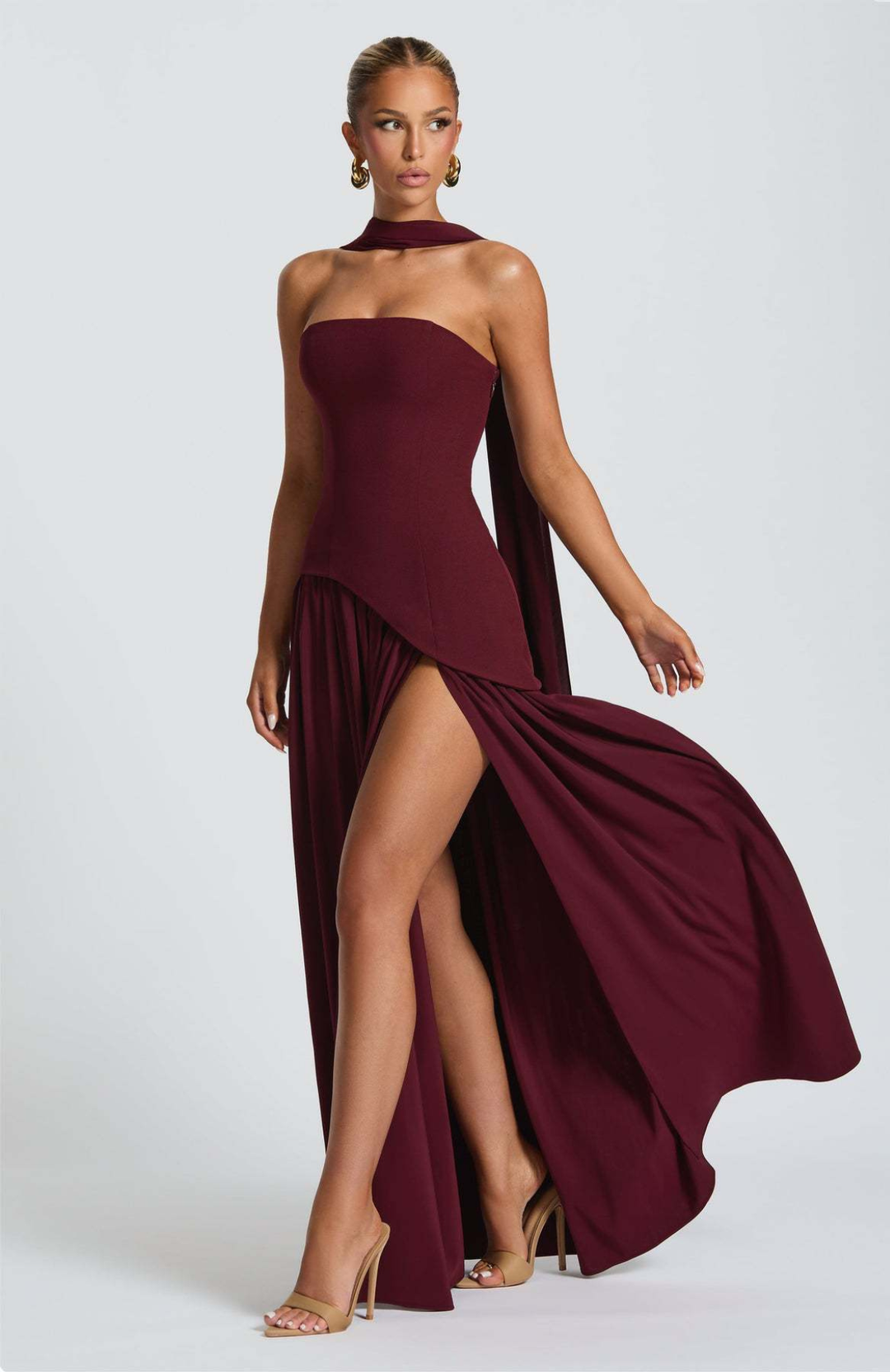 Women's strapless maxi dress with choker neckline and asymmetrical high slit