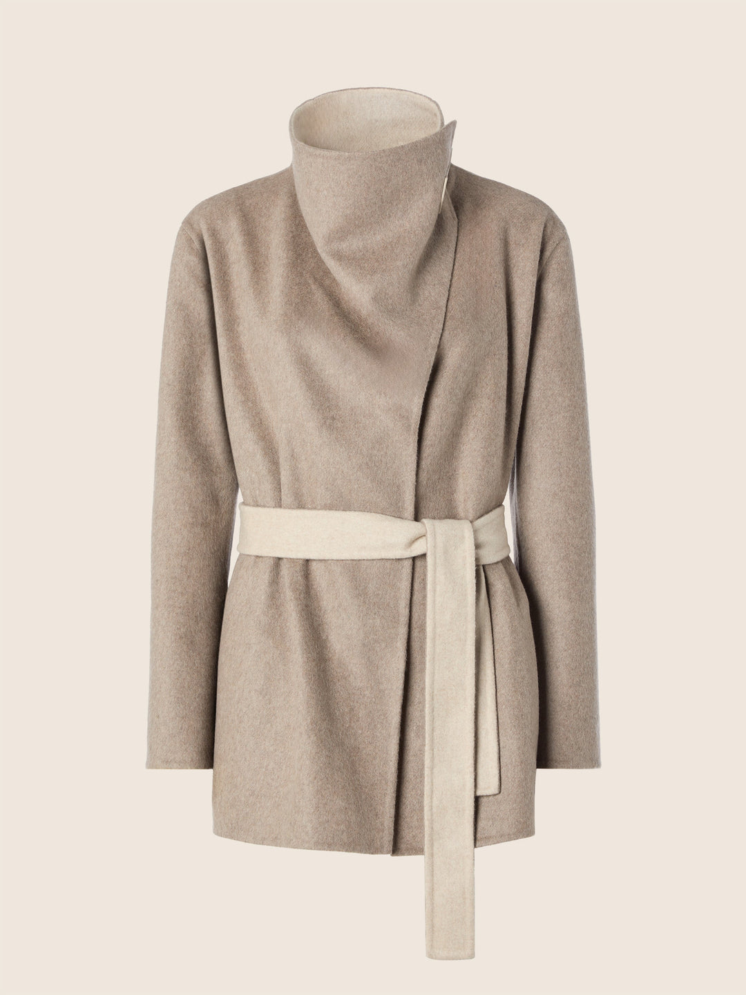 Women's beige wrap coat with high collar, long sleeves and tie belt