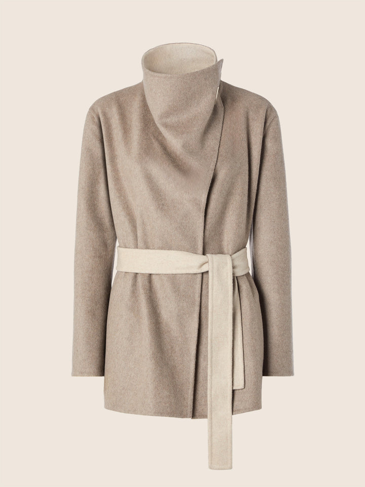 Women's beige wrap coat with high collar, long sleeves and tie belt