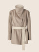 Women's beige wrap coat with high collar, long sleeves and tie belt