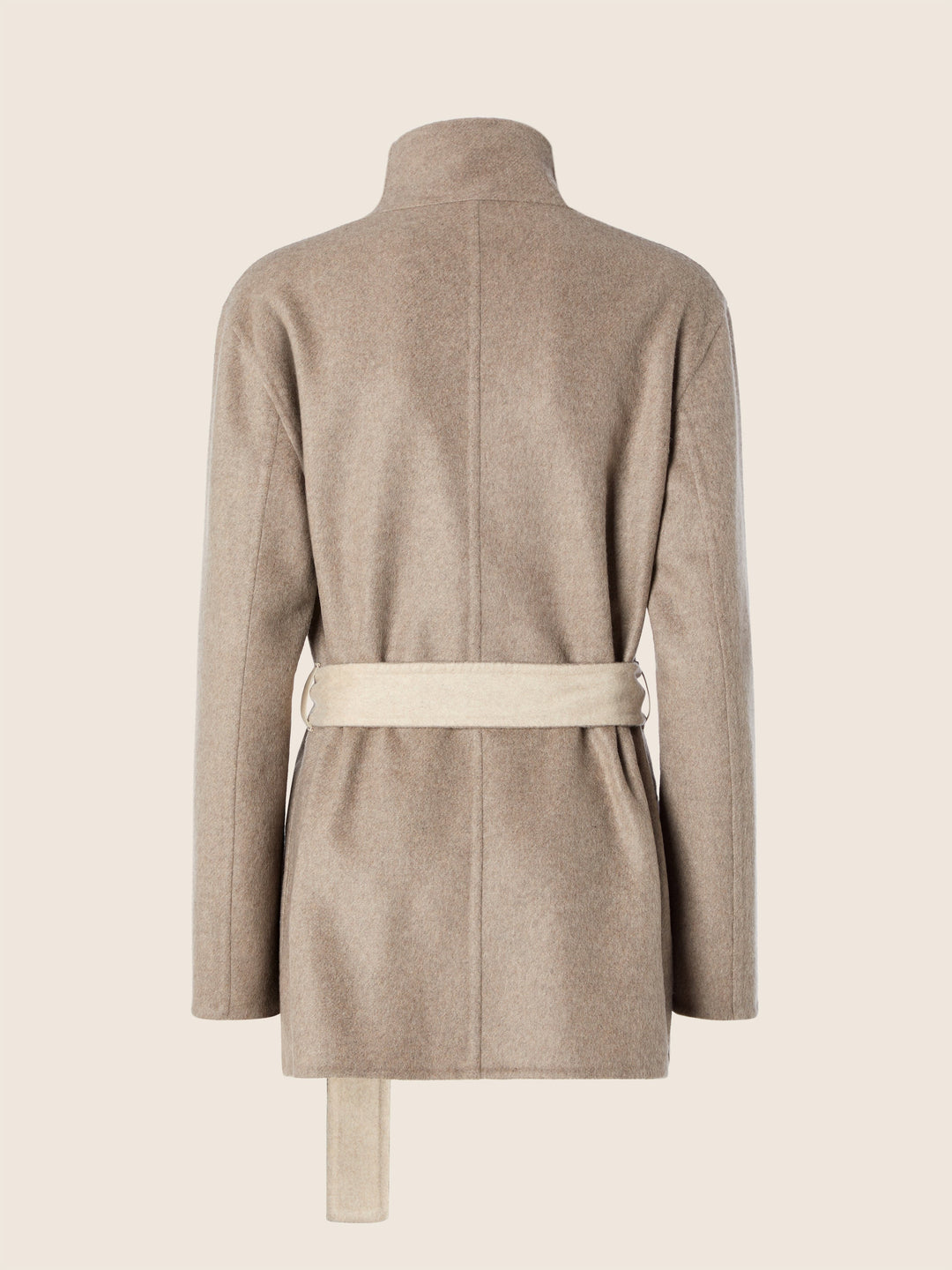 Women's beige wrap coat with high collar, long sleeves and tie belt