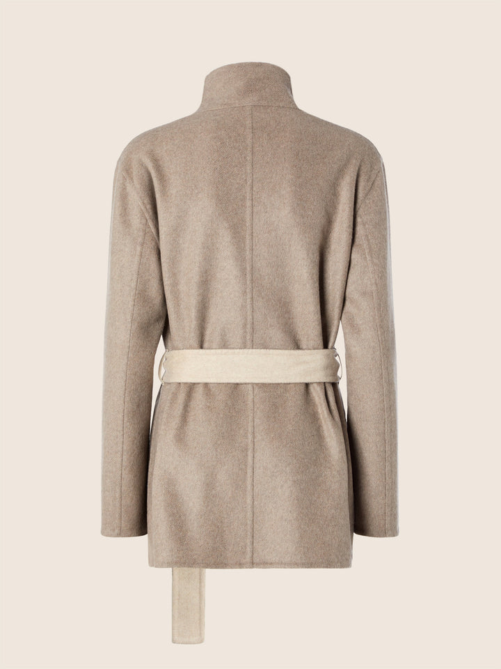 Women's beige wrap coat with high collar, long sleeves and tie belt