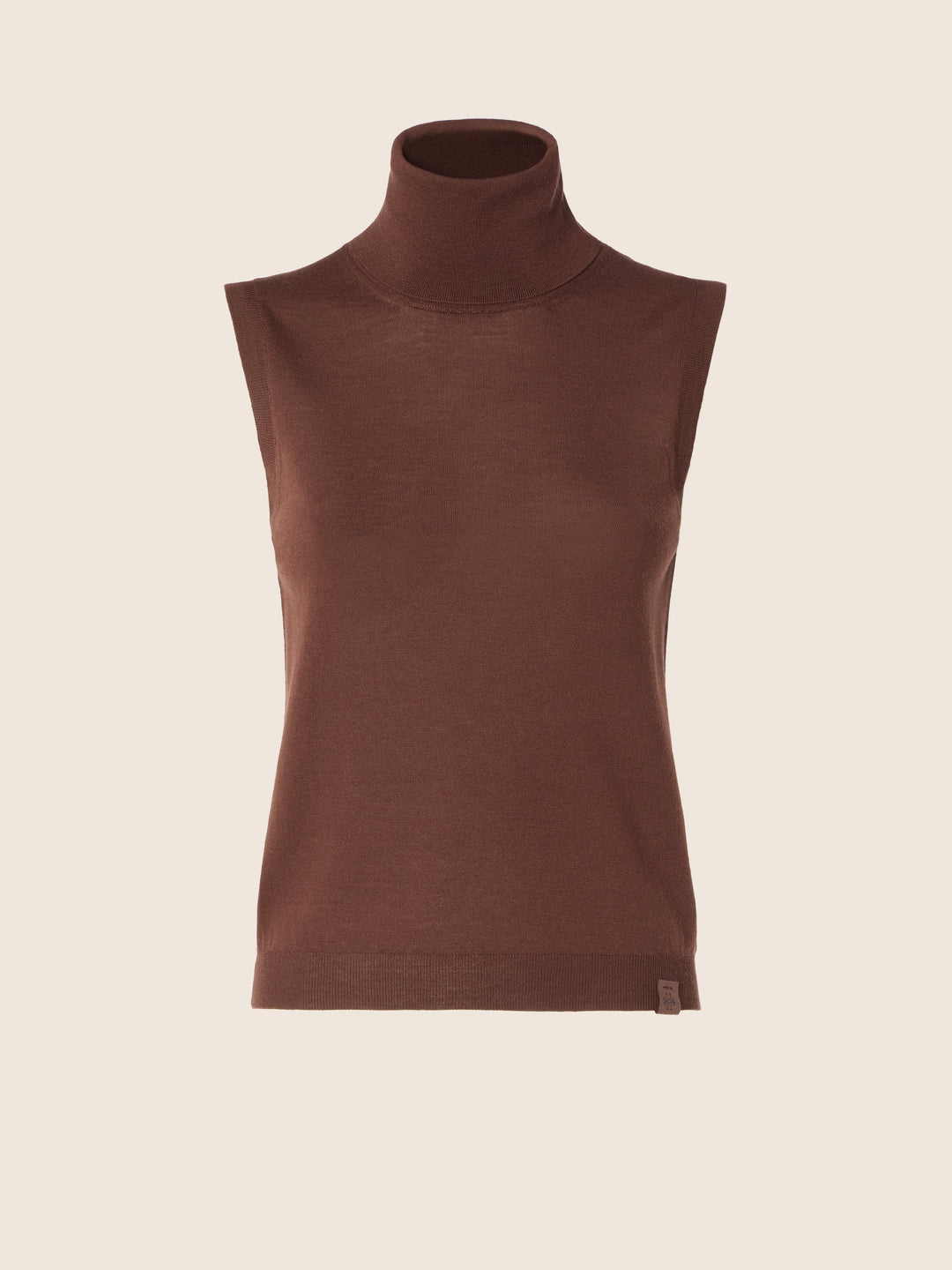 Women's brown sleeveless mock neck sweater with slim fit