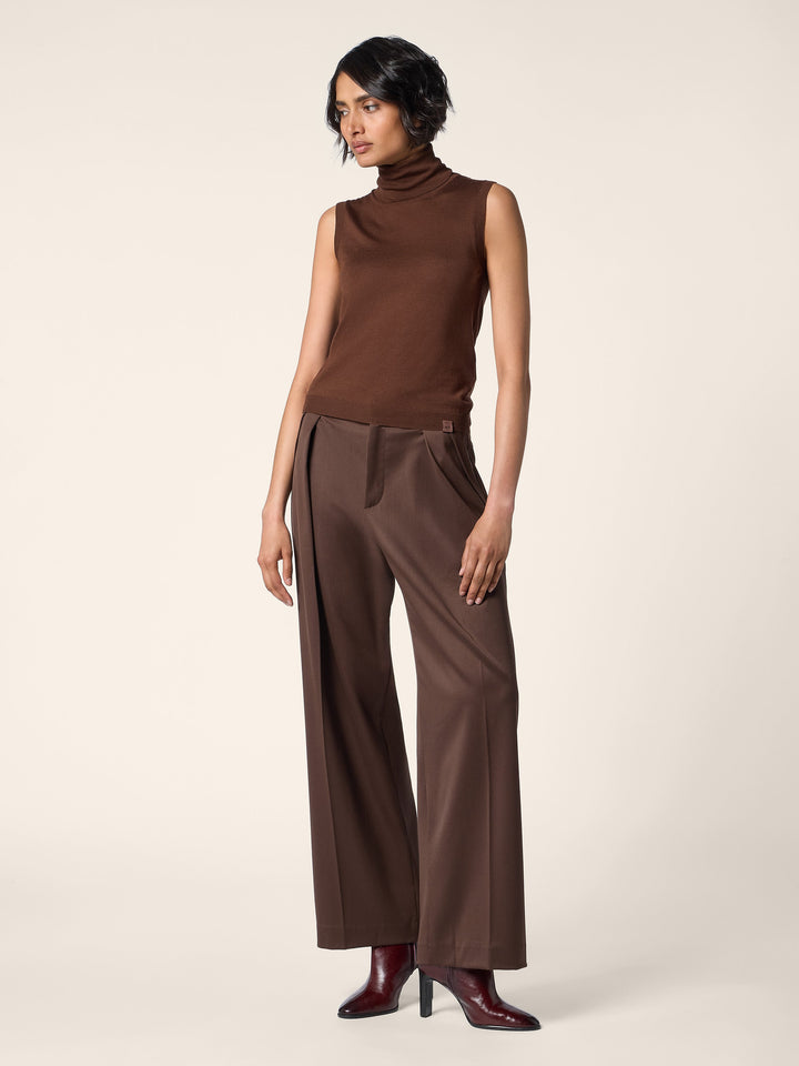 Women's brown sleeveless mock neck sweater with slim fit