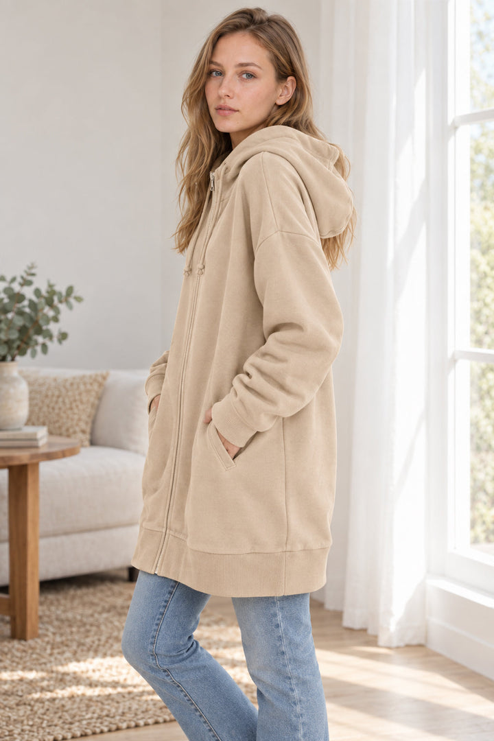 Women's solid hooded zip hoodie with long sleeves and ribbed trims
