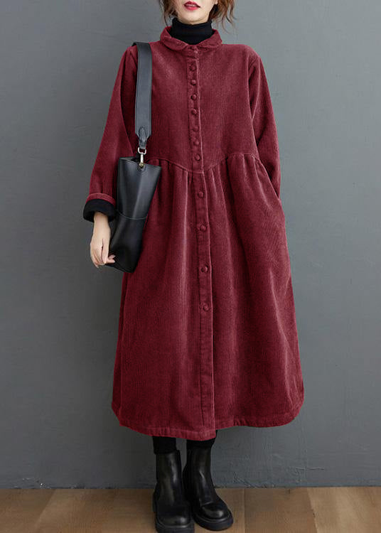 Women's long ribbed button-front coat with flared silhouette and side pockets