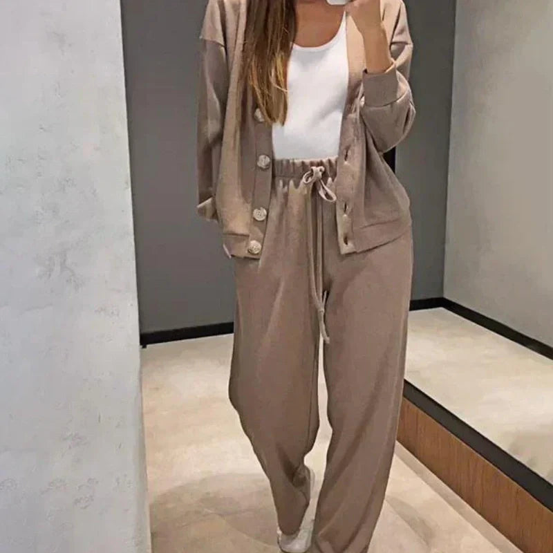 Women's knitted V-neck cardigan and relaxed trousers two-piece set