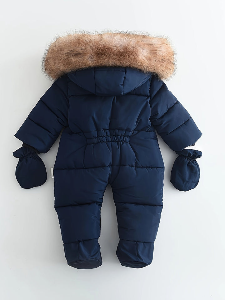 Quilted hooded baby snowsuit with fur trim, enclosed feet and matching mittens