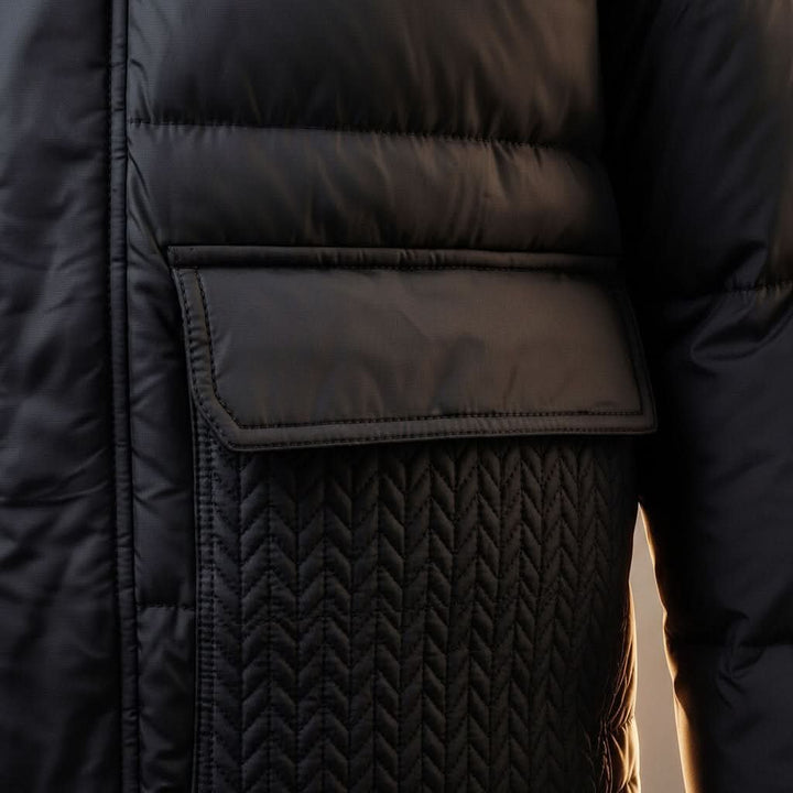 Men's quilted puffer jacket with high collar and flap pockets